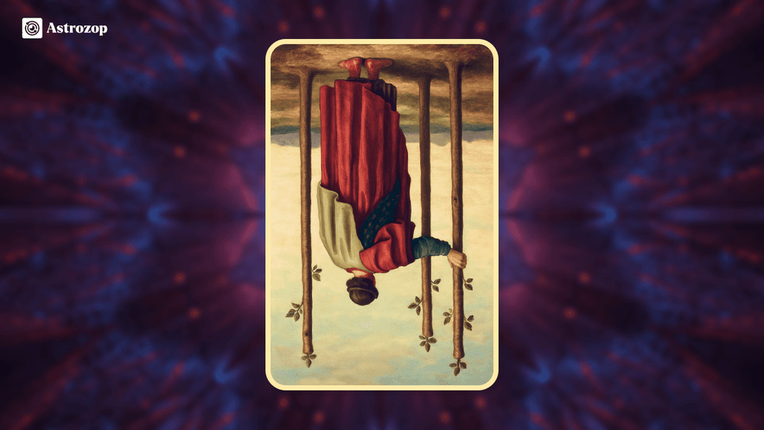 Reversed Three of Wands tarot card showing a figure looking out over the sea with three wands