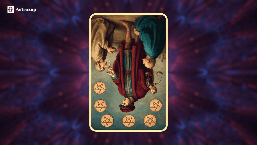 Reversed Six of Pentacles tarot card showing uneven giving or receiving