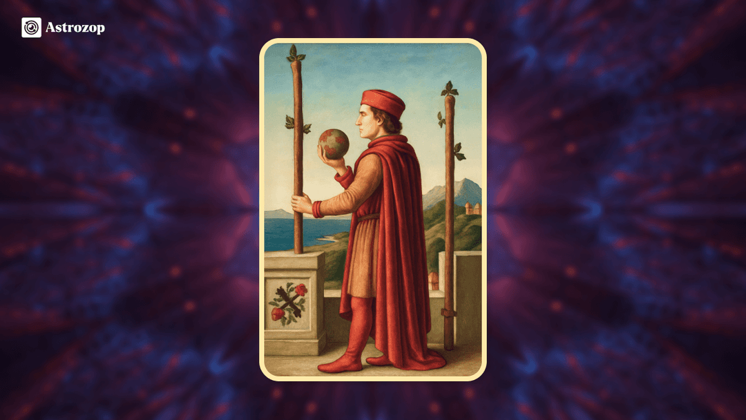 Two of Wands tarot card showing a figure holding a globe and standing between two wands